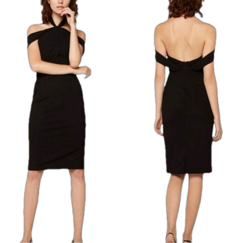 Fame and Partners Off the Shoulder halter sheath black cocktail Dress size 8 NWT
